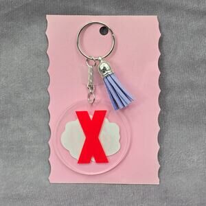 Letter Keychain Clear Silver Circle Handmade Acrylic Tassel Flower X Purple‎